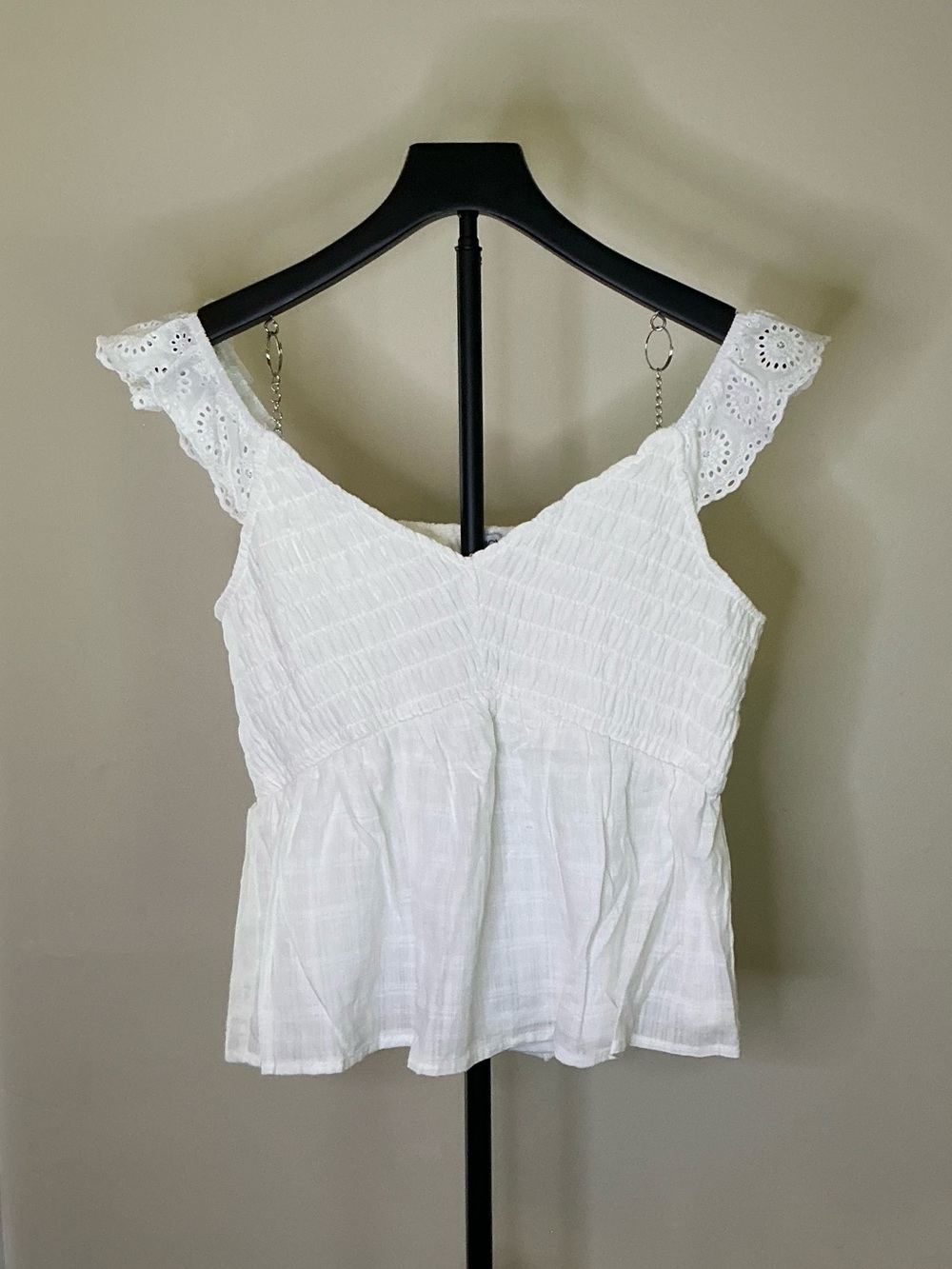 Fashion Nova White Eyelet Flutter Sleeve Smocked Peplum Top Boho Cottagecore - Picture 2 of 5